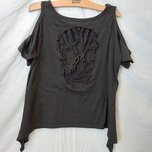 Shoulder cut out black tee with skull embroidery on back, size small